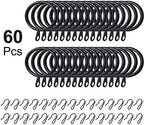 Hotop 30 Pcs Metal Drapery Curtain Rings 0.98/1.26/1.65 inch Interior Diameter and 30 Pcs Hanging Curtain Drapery Pin Hooks for Window Door Shower(32 mm,Black)