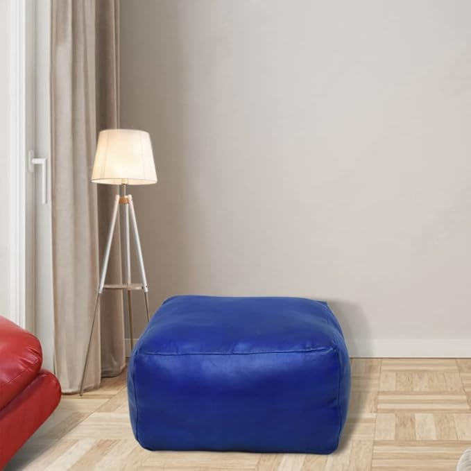 Square Shaped Goat Leather Handmade Eco-Friendly Blue Pouf - 21" x 21" x 12", Plain Solid, Recycled Foam with Fibre Fill Stuffed, Seating Pouf PF12