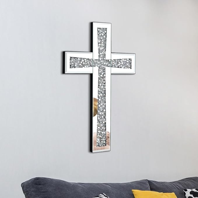Aeveco Silver Mirrored Wall Cross 15×10 inch, Crystal Crush Diamond Cross for Wall, Living Room, Bedroom, Home Decor