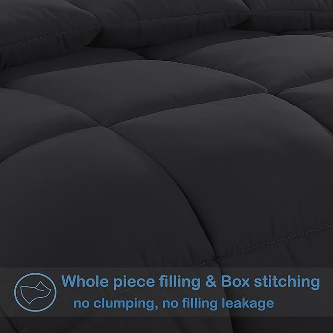 EASELAND Oversized Queen Down Alternative Comforter - Quilted Duvet Insert for All Seasons, Soft Lightweight with Corner Tabs, Summer Winter Warm Bedding, Black 98×98 Inches