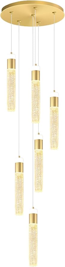 6-Light Gold Modern Crystal Raindrop Chandelier for Dining Room Entrance Long Crystal Bubble Column Chandelier for High Ceiling Lighting Fixtures LED Lampara, 3000k-6000K