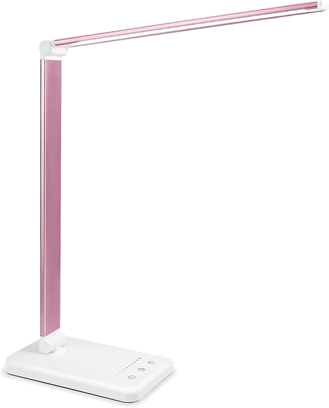 Led Desk Lamp, Desk Lamp with USB Charging Port, 5 Color Modes, 10 Brightness, Natural Light, Eye Caring Reading Lamp, Desk Light for Home Office, Table Lamp, Touch Control, Auto-Timer, Pink
