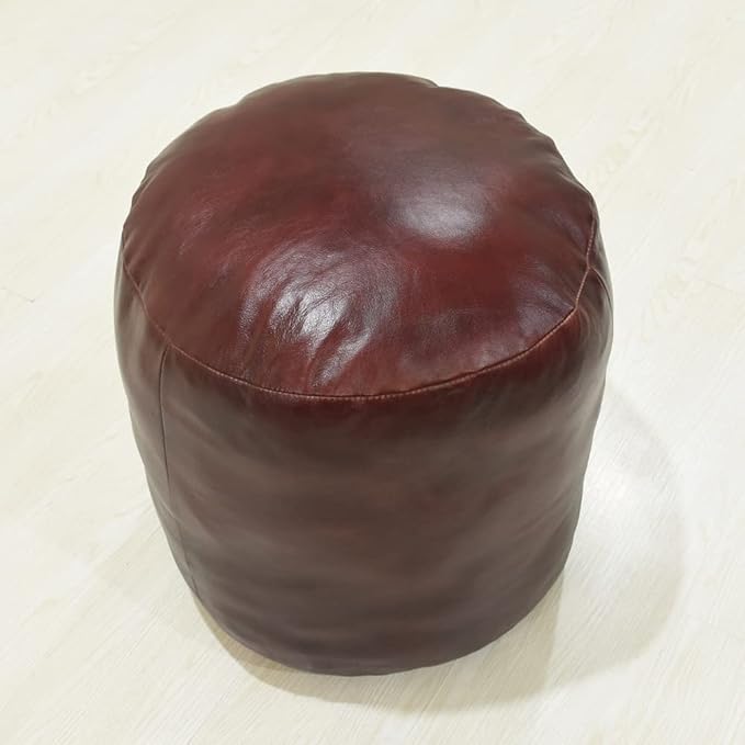 Round Shaped Goat Leather Handmade Eco-Friendly Cherry Pouf - 16" x 16" x 16", Plain Solid, Recycled Foam With Fibre Fill Stuffed, Seating PF12
