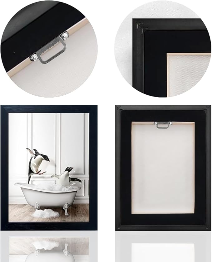 Framed Kids Bathroom Wall Decor Funny Bathroom Wall Art Black and White Canvas Print Cute Penguins in Bathtub Painting Farmhouse Animal Artwork