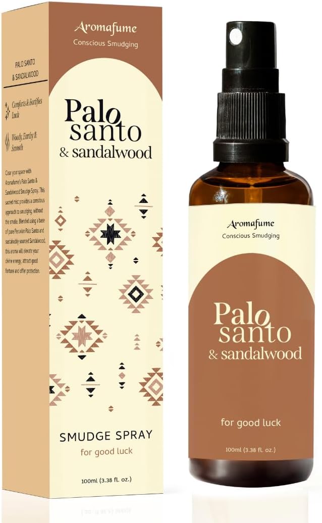 Palo Santo & Sandalwood Smudge Spray by Aromafume | 1 x 100ml / 3.38 fl oz l Aromatherapy | With Essential oils | Room Linen Spray | Natural Air freshners for home | Spiritual Meditation Accessories