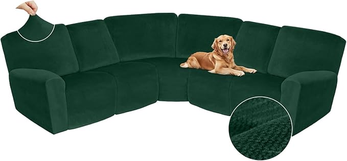 Arfntevss Sectional Recliner Couch Covers Velvet Corner Sectional Sofa Cover for Reclining Couch Stretch Soft L Shape Recliner Slipcover Thick U Shaped Washable Protector (5 Seat Cover, Dark Green)
