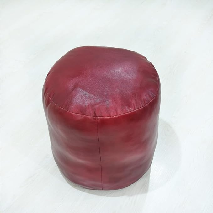 Round Shaped Goat Leather Handmade Eco-Friendly Dark Pink Pouf - 18" x 18" x 18", Plain Solid, Recycled Foam With Fibre Fill Stuffed, PF12