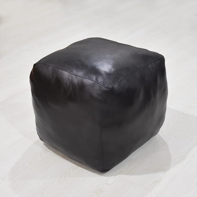 Square Shaped Goat Leather Handmade Eco-Friendly Black Pouf - 18" x 18" x 18", Plain Solid, Recycled Cotton Filled Stuffed Seating PF12