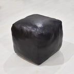 Square Shaped Goat Leather Handmade Eco-Friendly Black Pouf - 18" x 18" x 18", Plain Solid, Recycled Cotton Filled Stuffed Seating PF12