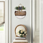 FemiaD God Bless This Home and All Who Enter Sign for Front Door Funny Wreaths Hanging Wooden Plaque Decoration Round Rustic Wood Farmhouse Porch Decor for Home Front Door Decor 11inch