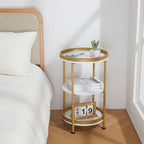 Dulcii Round Side Table with Storage Tray for Living Room, 15" L x 15" W x 24" H Bedroom Nightstand 3 Tiers Bedside Table with Steel Frame for Small Spaces (White & Gold)
