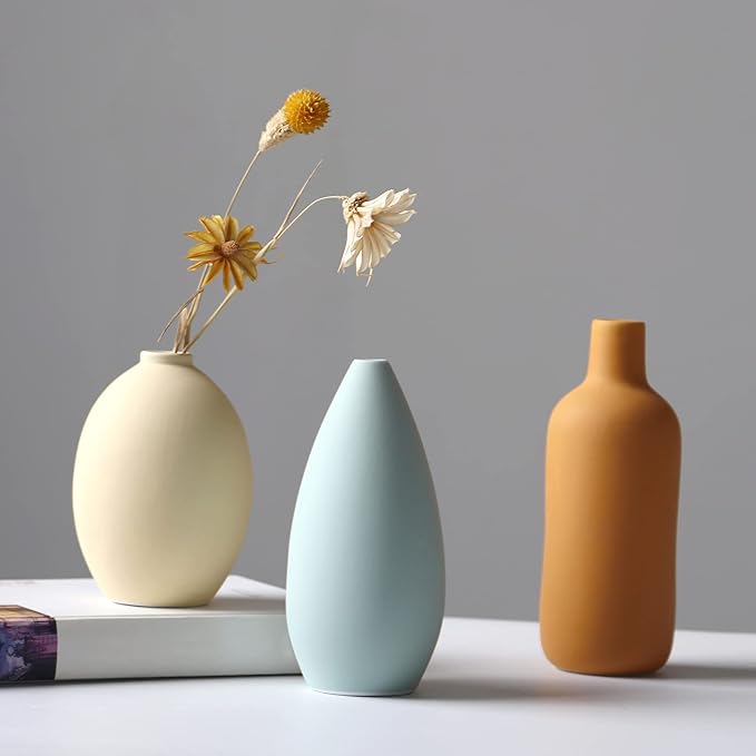 Abbittar Ceramic Vase Set of 3, Minimalist Flower Vase for Rustic, Modern Farmhouse, Living Room, Shelf, Table, Bookshelf, Mantel and Entryway Decor - Multicolor