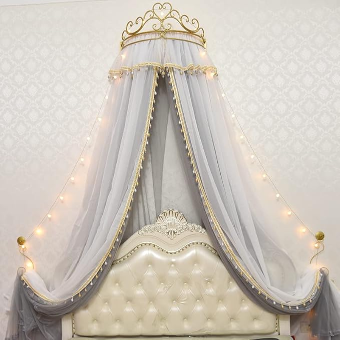 Girl Bed Curtain Princess Crown Mosquito Netting Children Room Decor Bedside Yarn Net Romantic Princess Tents Bed Canopy Valance (Light Pink)
