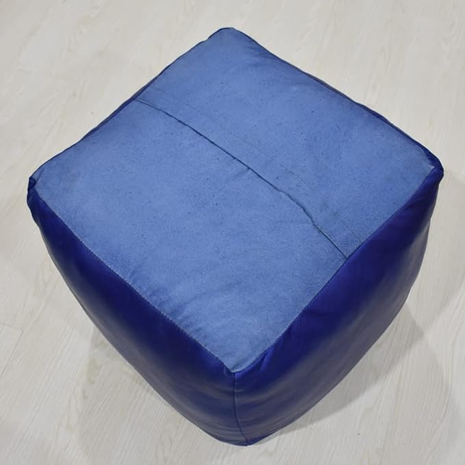 Square Shaped Goat Leather Handmade Eco-Friendly Blue Pouf - 16" x 16" x 16", Plain Solid, Recycled Foam With Fibre Fill Stuffed, Seating PF12