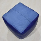 Square Shaped Goat Leather Handmade Eco-Friendly Blue Pouf - 16" x 16" x 16", Plain Solid, Recycled Foam With Fibre Fill Stuffed, Seating PF12