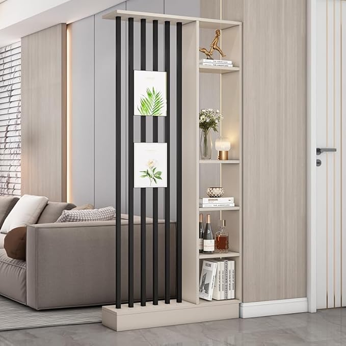 Wall Room Divider, Storage Cabinet Storage Display with Shelves, Modern Freestanding Wood Room Divider Screen, Wall Privacy Screens for Home Decorative (Beige+Black,35.4" L x 9.5" W x 79.5" H)