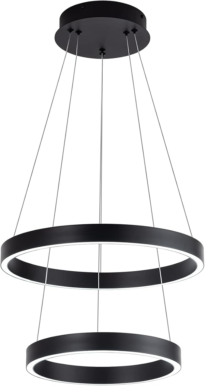 MADEM Room Decor Modern LED Pendant Light 2-Ring Circular Contemporary Chandelier Flush Mount Pendant Lighting for Living Dining Room Bedroom, 6000K Cool White, 36W, Black