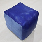 PF12 Square Shaped Goat Leather Handmade Eco-Friendly Blue Pouf - 14" x 14" x 14", Plain Solid, Recycled Cotton Filled