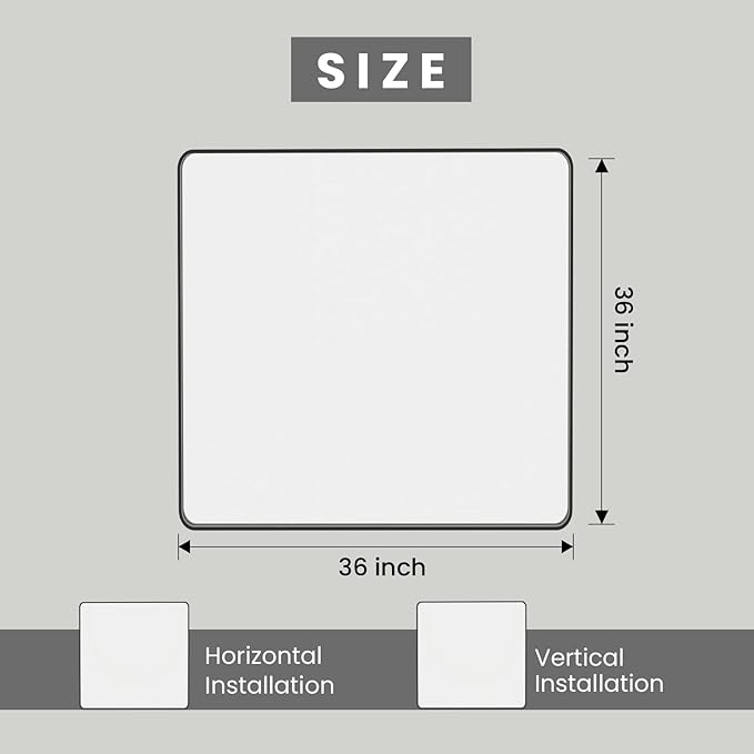 Black Bathroom Mirror 36X36 Inch, Black Metal Framed Mirror for Wall, Rounded Rectangle Matte Bathroom Vanity Mirror with Tempered Glass, Anti-Rust, Horizontal/Vertical