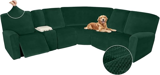 Arfntevss Sectional Recliner Couch Covers Velvet Washable Corner Sectional Sofa Cover for Reclining Stretch Soft Thick L Shape Recliner Slipcover Set (5 Seat with 1 Console Cover, Dark Green)