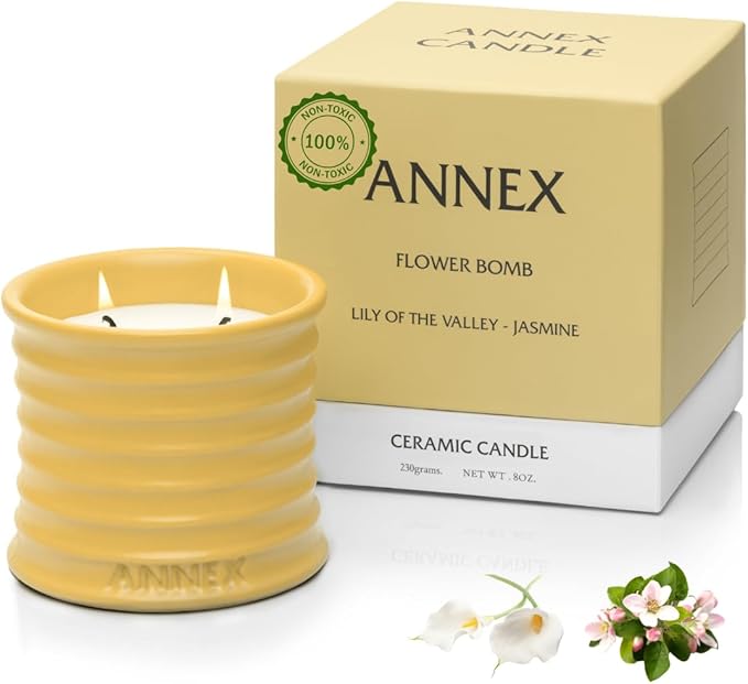 Scented Luxury Candles in Handmade Ceramic Jars, Soy Wax | Flower Bomb – Lily of The Valley & Jasmine, Large Candle | Non Toxic, 2 Wicks, Reusable Yellow Jar | Natural Spring Aromatherapy for Women