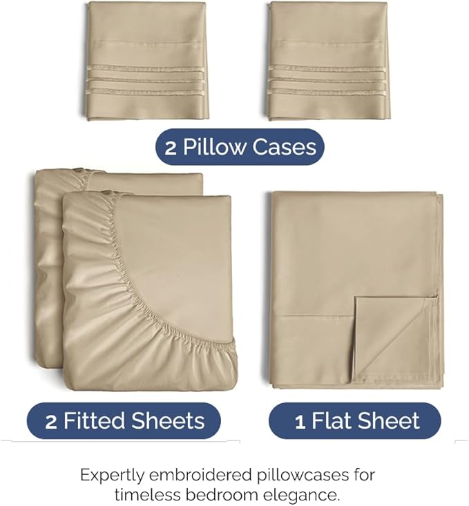 Split King Size 5 Piece Sheet Set - Comfy Breathable & Cooling Bed Sheets Set - Hotel Luxury Bedding for Women, Men, Kids, Teens, Boys & Girls - Deep Pockets, Soft and Wrinkle Free - Oeko-Tex - Beige