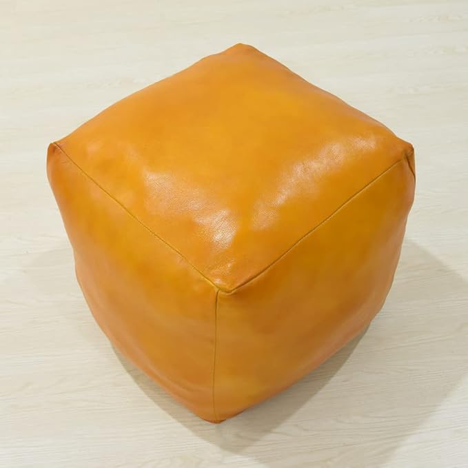 Square Shaped Goat Leather Handmade Eco-Friendly Mustard Pouf - Square Pouf, 16" x 16" x 16", Plain Solid Pouf, Goat Leather Pouf, Recycled Foam with Fibre Fill Stuffed Pouf, Leather Pouf PF12