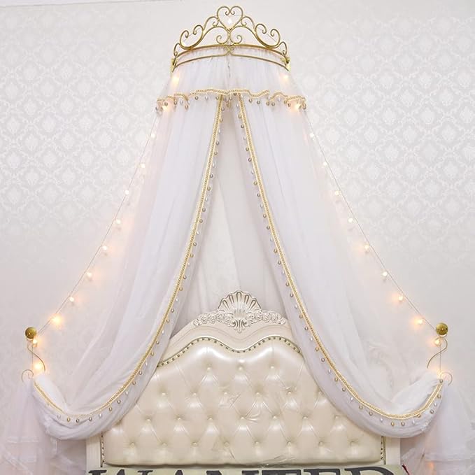 Girl Bed Curtain Princess Crown Mosquito Netting Children Room Decor Bedside Yarn Net Romantic Princess Tents Bed Canopy Valance (Light Pink)