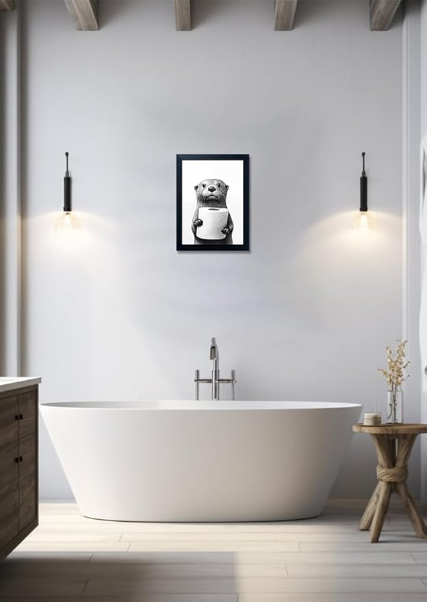 Funny Bathroom Wall Decor Framed Black and White Bathroom Wall Art Toilet Paper in Little Funny Raccoon's Hand Animal Canvas Print Painting Artworks