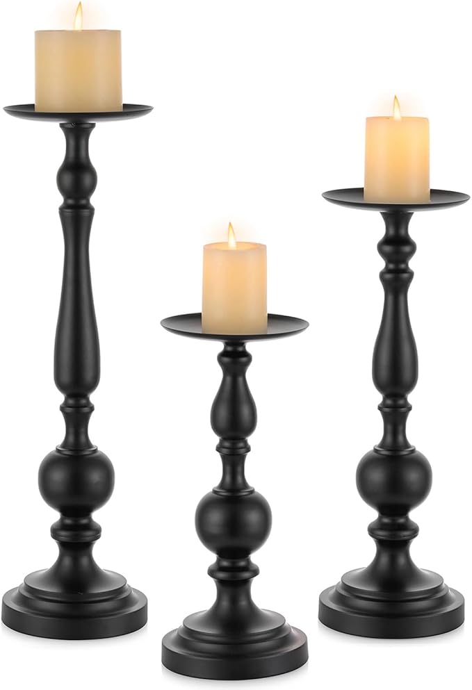 Sziqiqi Pillar Candle Holders Tall - Set of 3 Black Candle Stand for Pillars Large Metal Candleholder Sets Decorative for Christmas Halloween Living Room Easter Entryway