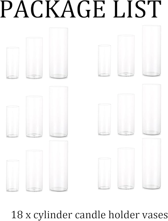 Glass Hurricane Candle Holder Esmiome - Cylinder Vases for Centerpieces 6 Sets (18Pcs) Hurricane Floating Candle Holder, Glass Vases for Flowers, Decorative for Home Wedding, 6'' + 8'' +10''(High)