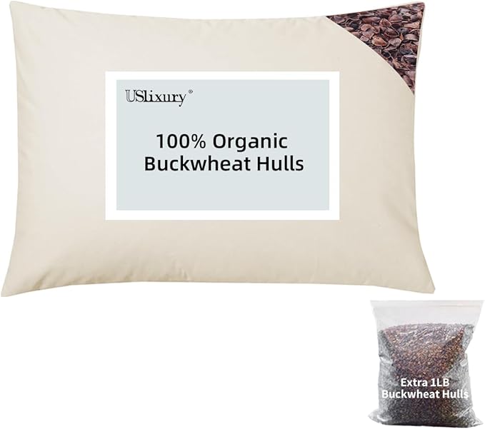 USlixury Buckwheat Pillow with Extra Buckwheat Fill - Adjustable Buckwheat Hull Pillow, Buckwheat Pillows for Sleeping with Firm Support, Buckwheat Neck Pillow for Side Back Sleeper,15x19, White