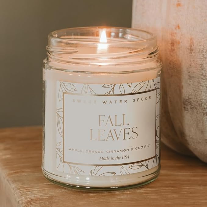 Sweet Water Decor Fall Leaves Candle, Autumn Scented Notes of Apple, Cinnamon, & Nectar, 40+ Hour Burn Time, Non-Toxic Soy Wax Blend, Poured in The USA, Cotton Wick, 9oz Glass Jar with Gold Lid