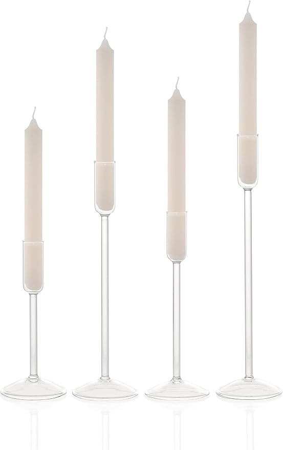 Candle Holder, Glass Taper Candle Tall Candlestick Holder, 4 Different Heights, for Table Centerpiece, Wedding, Party, Clear, 4pcs