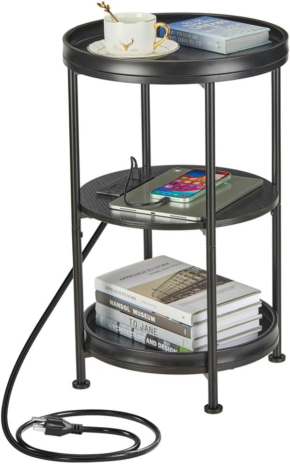 Dulcii Round Side Table with Charging Station, 24'' End Table with 3 Shelves for Living Room, Bedroom Nightstand with Steel Frame for Small Spaces, Industrial Round Sofa Table (USB+Black)