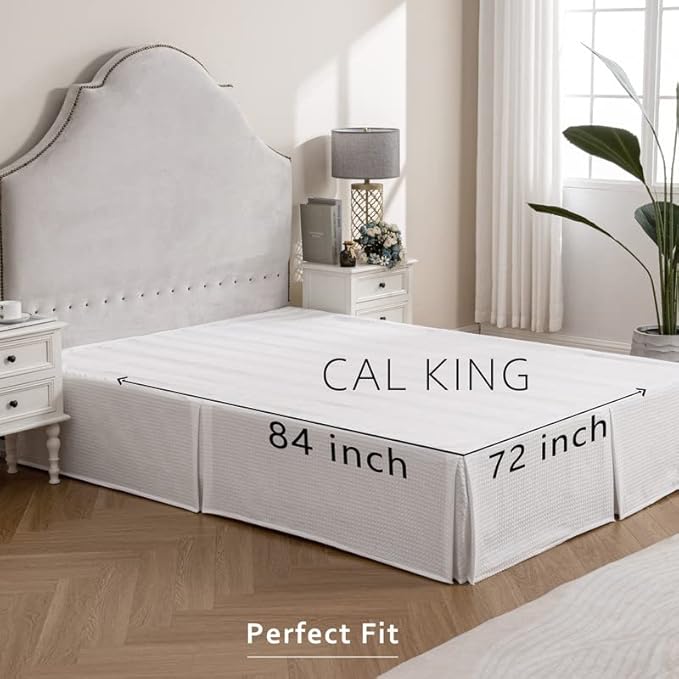 MIYE Pleated Waffle Weave Bed Skirt, Tailored Dust Ruffle 12 Inch Drop Easy Fit, Machine Washable (White,Cal King - 12" Drop)