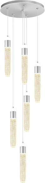 6-Light Silver Modern Crystal Raindrop Chandelier for Dining Room Entrance Long Crystal Bubble Column Chandelier for High Ceiling Lighting Fixtures LED Lampara, 3000k-6000K