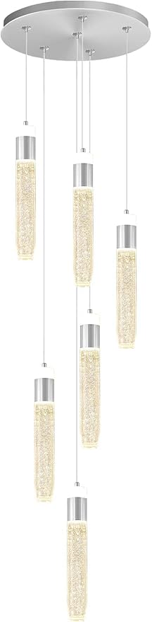 6-Light Silver Modern Crystal Raindrop Chandelier for Dining Room Entrance Long Crystal Bubble Column Chandelier for High Ceiling Lighting Fixtures LED Lampara, 3000k-6000K