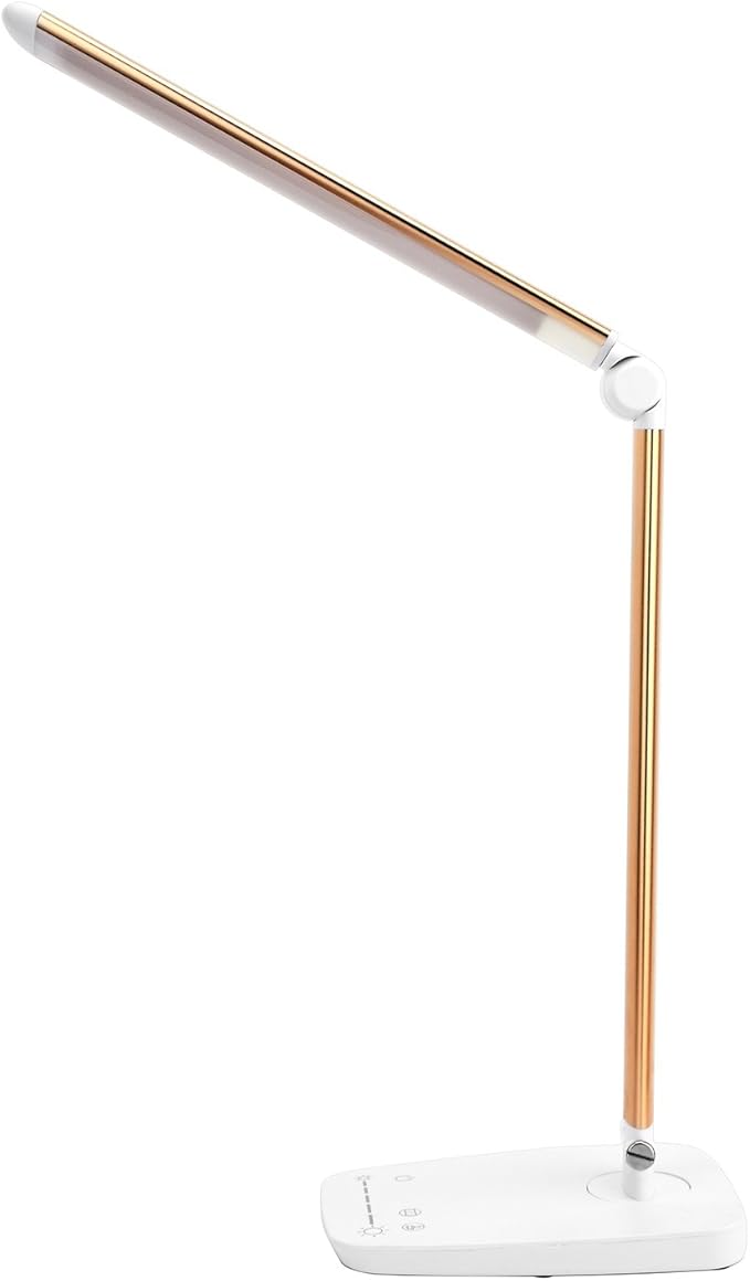 Lichamp Dimmable LED Desk Lamp with USB Charging Port, Touch Control Foldable Gooseneck Free Rotation Adjustable Eye Care Table Lamp, Bedside Reading Light with UL AC Adapter (Pink Gold)
