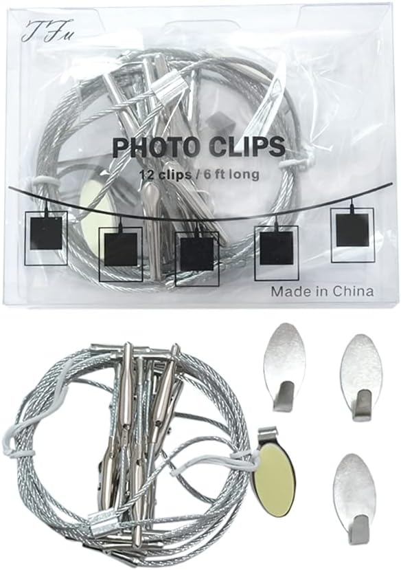 Multi-Purpose Steel Wall Hanging Photo Display Cable Wire Rod String with 12 Clips for Hanging Photos Notes and Artworks (Alligator clip)