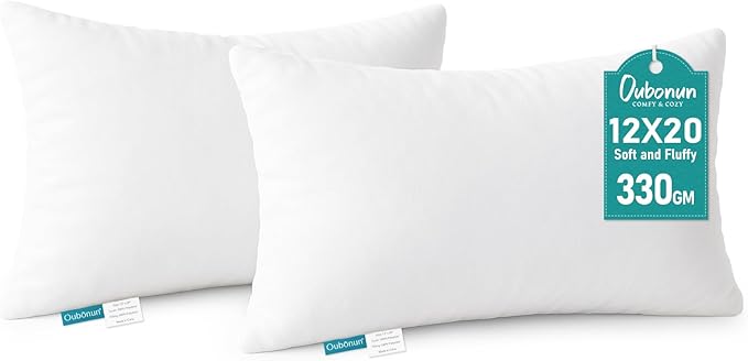 Oubonun 12 x 20 Throw Pillow Inserts - Soft, Plush & Decorative Down Alternative Pillows for Couch Sofa Bed, Machine Washable - White, Pack of 2