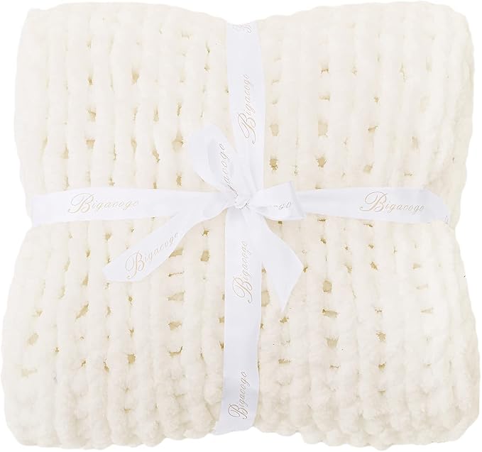 Bigacogo Chunky Knit Throw Blanket for Couch, 40x60 inches, 100% Hand Knitted with Thick Jumbo Chenille Yarn, Cozy Soft Large Rope Knot Cable Crochet Blankets for Sofa Bed Living Room, Ivory