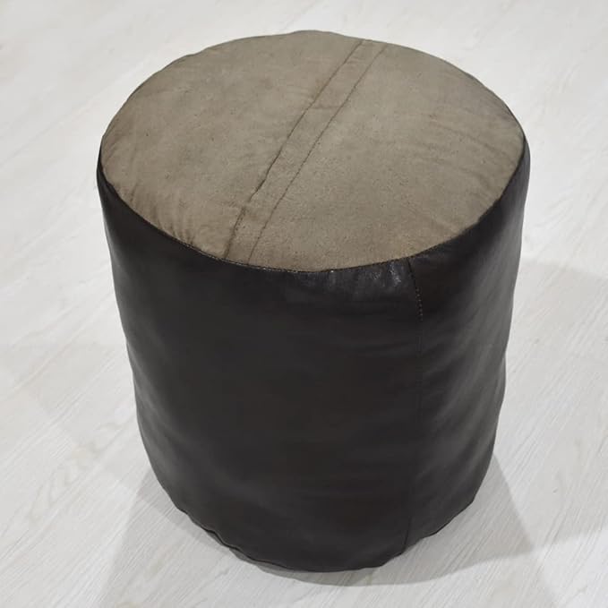 Round Shaped Goat Leather Handmade Eco-Friendly Chocolate Brown Pouf - 18" x 18" x 18", Plain Solid, Recycled Cotton Filled Stuffed, PF12
