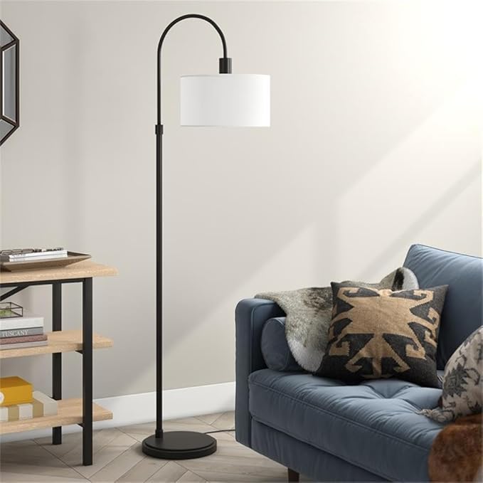 Veronica Arc Floor Lamp with Fabric Shade in Blackened Bronze/White