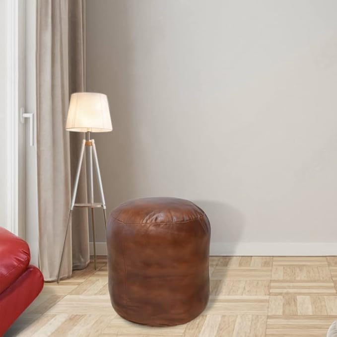 Round Shaped Goat Leather Handmade Eco-Friendly Brown Pouf - 16"x16"x16", Plain Solid, Recycled Foam With Fibre Fill Stuffed, Leather Seating PF12