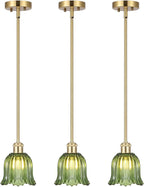 Modern Gold Pendant Light 3 Pack Brushed Brass Mid Century Chandelier Green Glass Shades Adjustable Rods Farmhouse Ceiling Hanging Lighting Fixture Kitchen Island Dining Room Bedroom