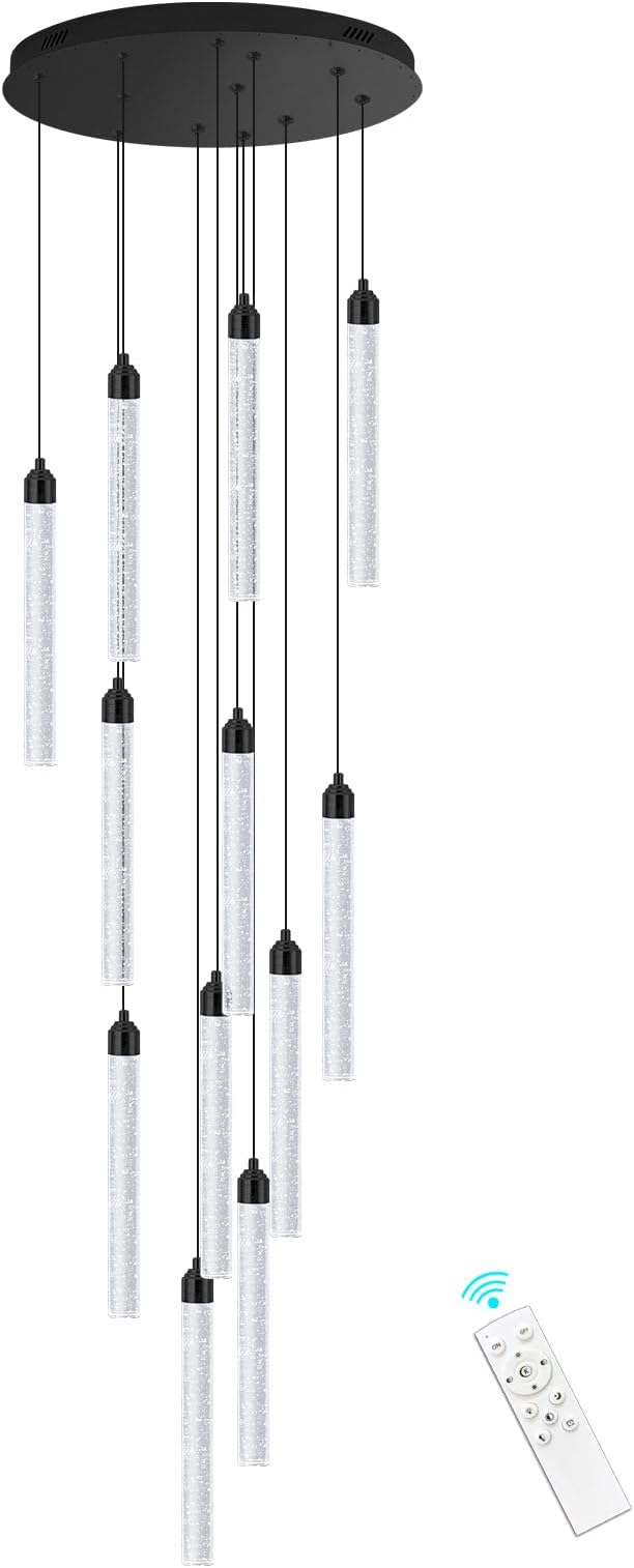 12-Lights Chandelier LED Dimmable Chandeliers for Entryway Flush Mount Ceiling Pendant Light Fixture Crystal Chandeliers for Living Room Black Finished Lighting Modern High Ceiling Chandelier