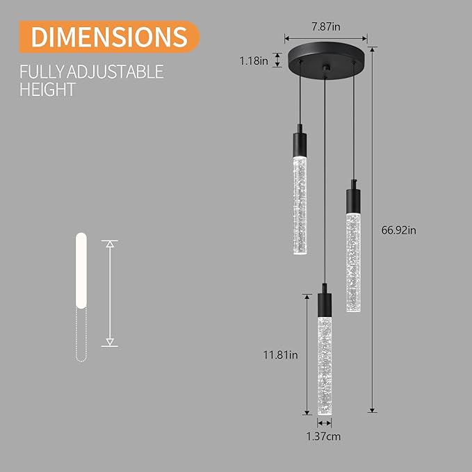 Modern Light Fixture Kitchen Island Pendant Light Dimmable LED Black Pendant Lights Mini Crystal Pendant Lighting for Bedroom Dining Room Living Room（3-Light ）