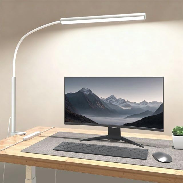LED Desk Lamp with Clamp, Eye-Protection Clip on Desk Lamp, 5 Modes 10 Brightness Adjustment, 360°Flexible Gooseneck Lamp for Home Office, Lamps with USB Adapter，White