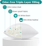 Oubonun 16 x 16 Down Feather Throw Pillow Inserts - Fluffy and Plush Odor-Free Fill - 100% Breathable Cotton Fabric for Couch Sofa Bed, White, Pack of 2